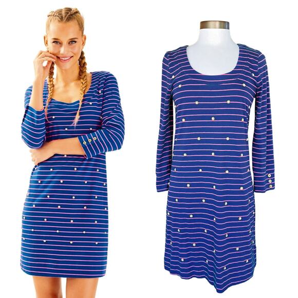 Lilly Pulitzer Dresses & Skirts - LILLY PULITZER Merrit Dress In True Blue Palm Stripe Small Blue Pink Beaded